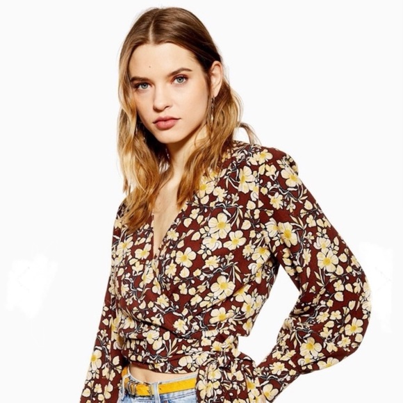 Topshop Tops - Topshop Floral Brown and Yellow Wrap Blouse